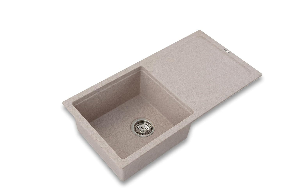 Faber Verona Ingranite34"X17"Single Bowl Sink with Drainboard|Includes Plumbing Waste Kit|25 Years Warranty|Silent,Scrat