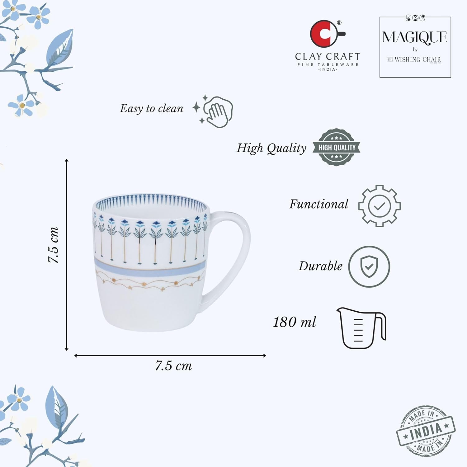 Magique by The Wishing Chair x ClayCraft : River of Flowers Ceramic Chai Mugs - Set of 6 |180 ml | Elegant Floral Design | Mugs for Coffee | Ideal for Gifting | Perfect for Home & Office