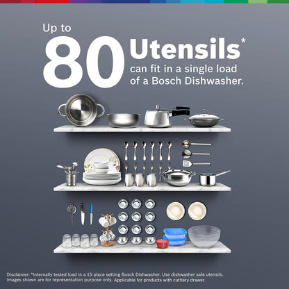 Bosch 14 Place Setting Dishwasher with Intensive Kadhai Program, 70⁰ Hot water wash, 3-Stage Adjustable Upper Rack, No Pre-Rinse (SMS46KI03I, Silver, Glass Protection Technology)