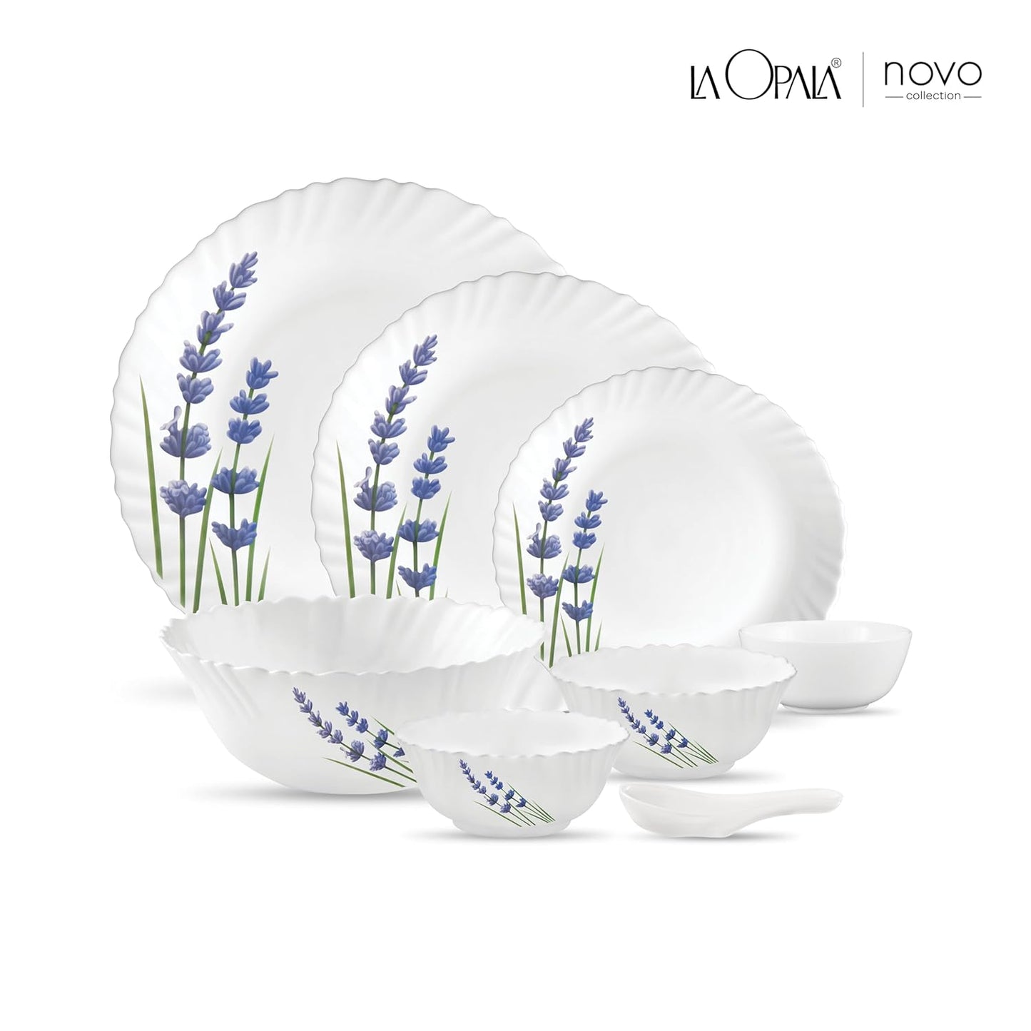 La Opala Novo Collection Opal Glass Crockery | for Family of 6 | Dinner Set 35 pcs English Lavender | Plates & Bowls for Dining | Microwave Safe | 100% Vegetarian | Extra Strong | Light & White