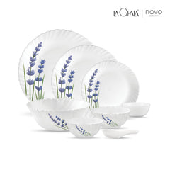 La Opala Novo Collection Opal Glass Crockery | for Family of 8 | Dinner Set 46 pcs English Lavender | Plates & Bowls for Dining | Microwave Safe | 100% Vegetarian | Extra Strong | Light & White