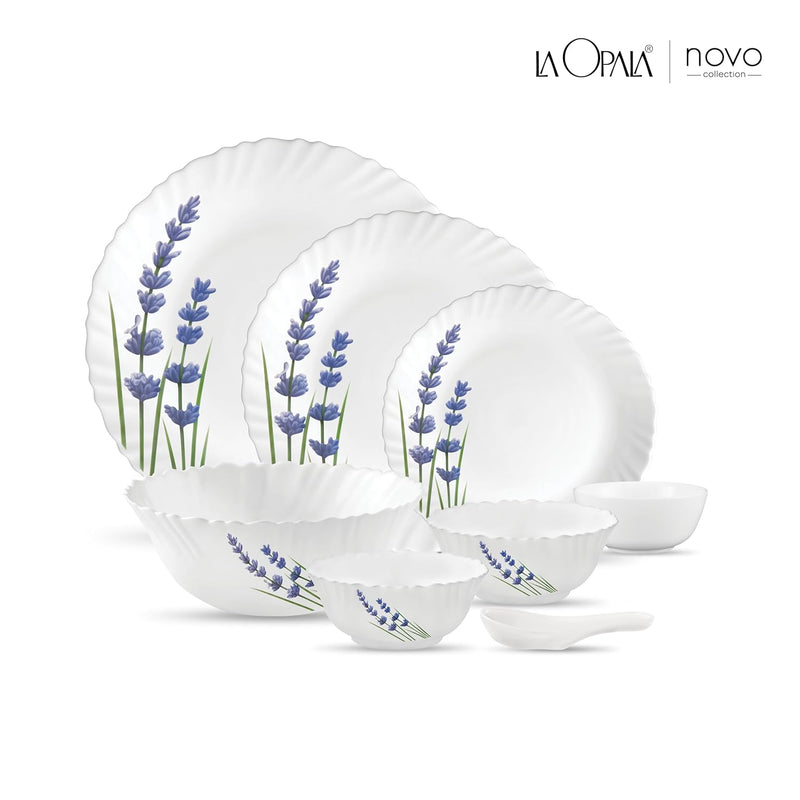 La Opala Novo Collection Opal Glass Crockery | for Family of 8 | Dinner Set 46 pcs English Lavender | Plates & Bowls for Dining | Microwave Safe | 100% Vegetarian | Extra Strong | Light & White