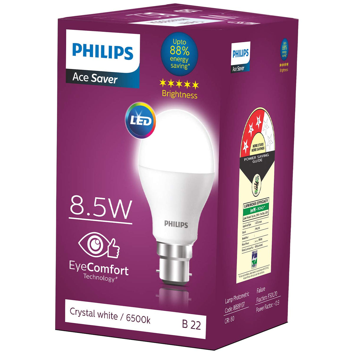 Philips Ace Saver 8.5W B22 LED Bulb, Crystal White, Pack of 8