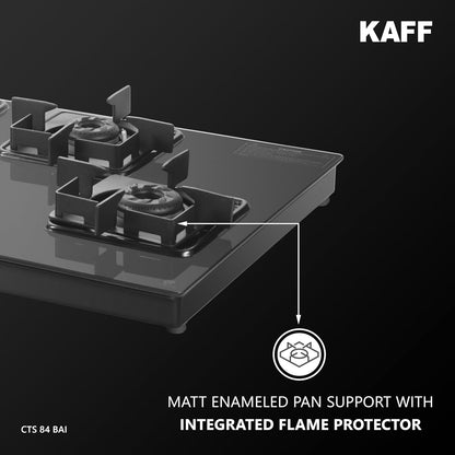 KAFF CTS 84 4B AI Gas Stove/Cooktop 4 Burners with Auto Electric Ignition 84 CM, Black Coated Brass Burners, Slim Line Design, Enamelled Pan Support with Integrated Flame Protector (Black)