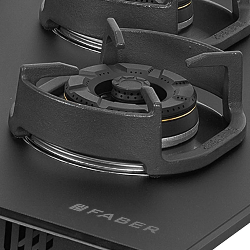 Faber Della 4 Burner 72cm Hob |Auto-Ignition|Brass Burner| Cast Iron Pan Support |Hob/Cooktop Hybrid| Matt Black Glass F
