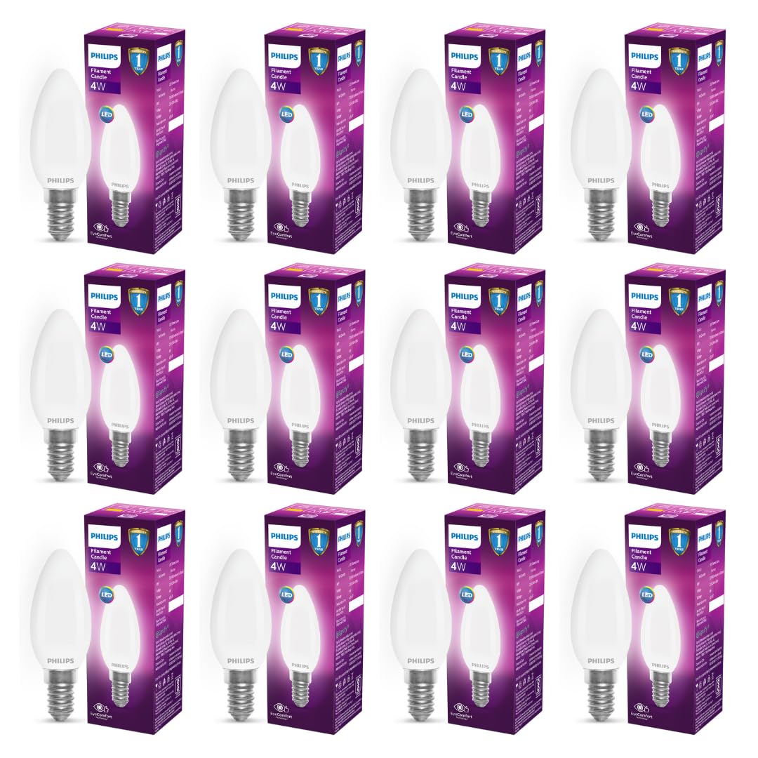 Philips 4-Watt 400-Lumen LED Frosted Candle E14 Base (Warm White, Pack of 12) - Decorative