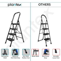 Plantex GI Steel 4-Step Ladder for Home/Easy to fold/Anti-Skid Wide Steps Ladder - (Aura, Black & Grey)