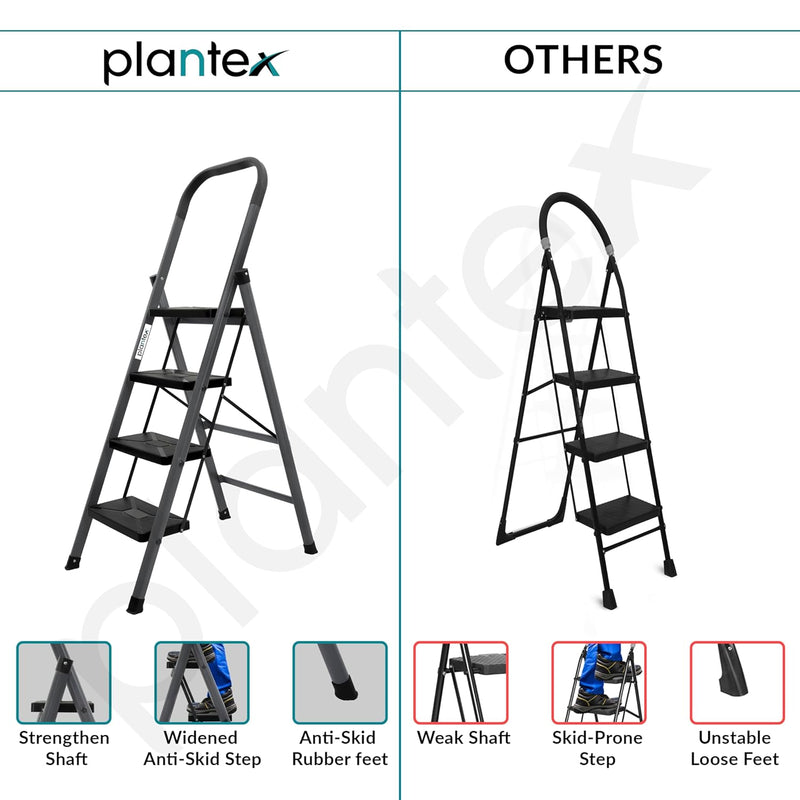 Plantex GI Steel 4-Step Ladder for Home/Easy to fold/Anti-Skid Wide Steps Ladder - (Aura, Black & Grey)