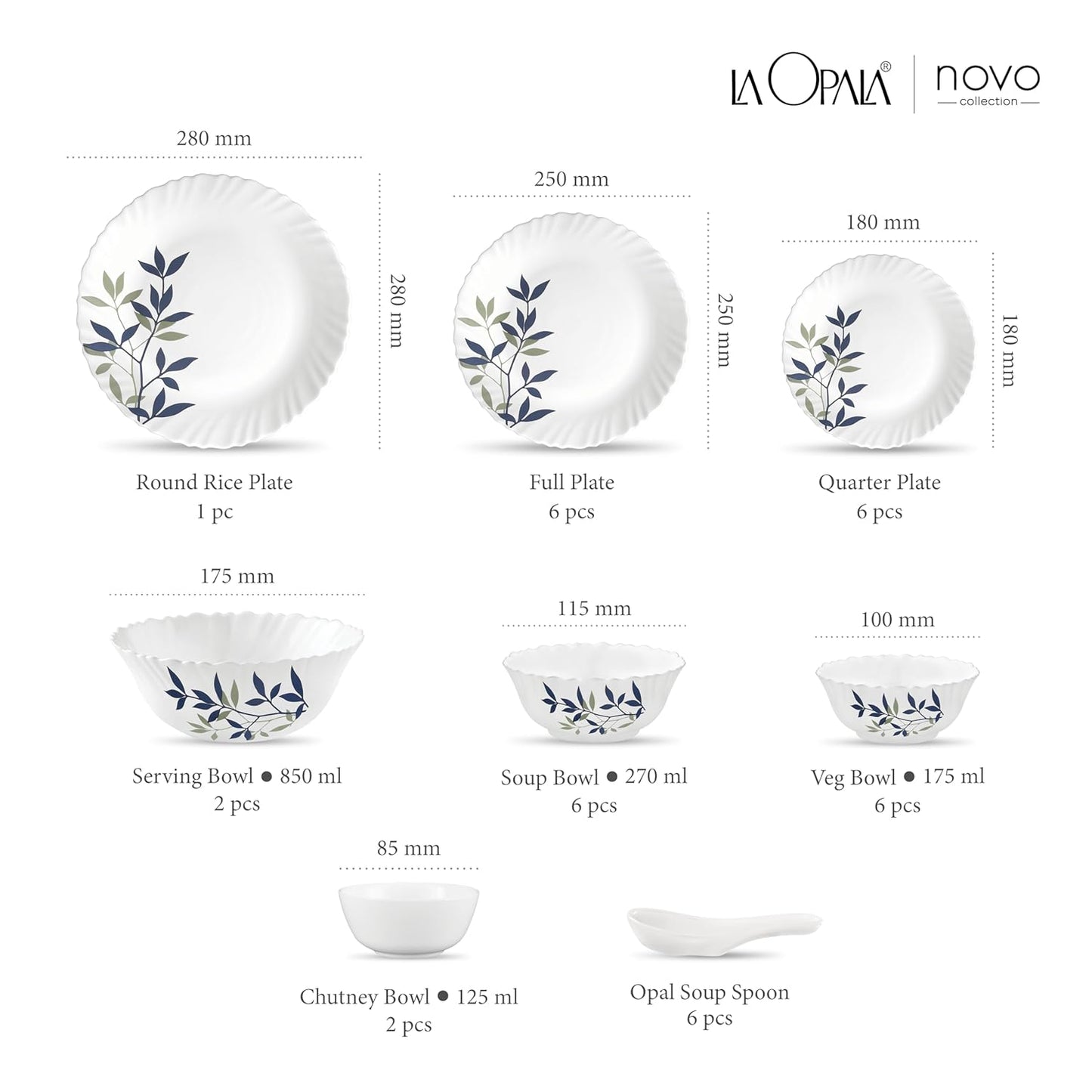 La Opala Novo Collection Opal Glass Crockery | for Family of 6 | Dinner Set 35 pcs Silken Charm | Plates & Bowls for Dining | Microwave Safe | 100% Vegetarian | Extra Strong | Light & White