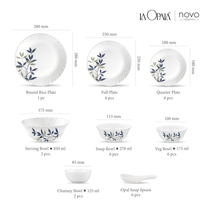 La Opala Novo Collection Opal Glass Crockery | for Family of 6 | Dinner Set 35 pcs Silken Charm | Plates & Bowls for Dining | Microwave Safe | 100% Vegetarian | Extra Strong | Light & White