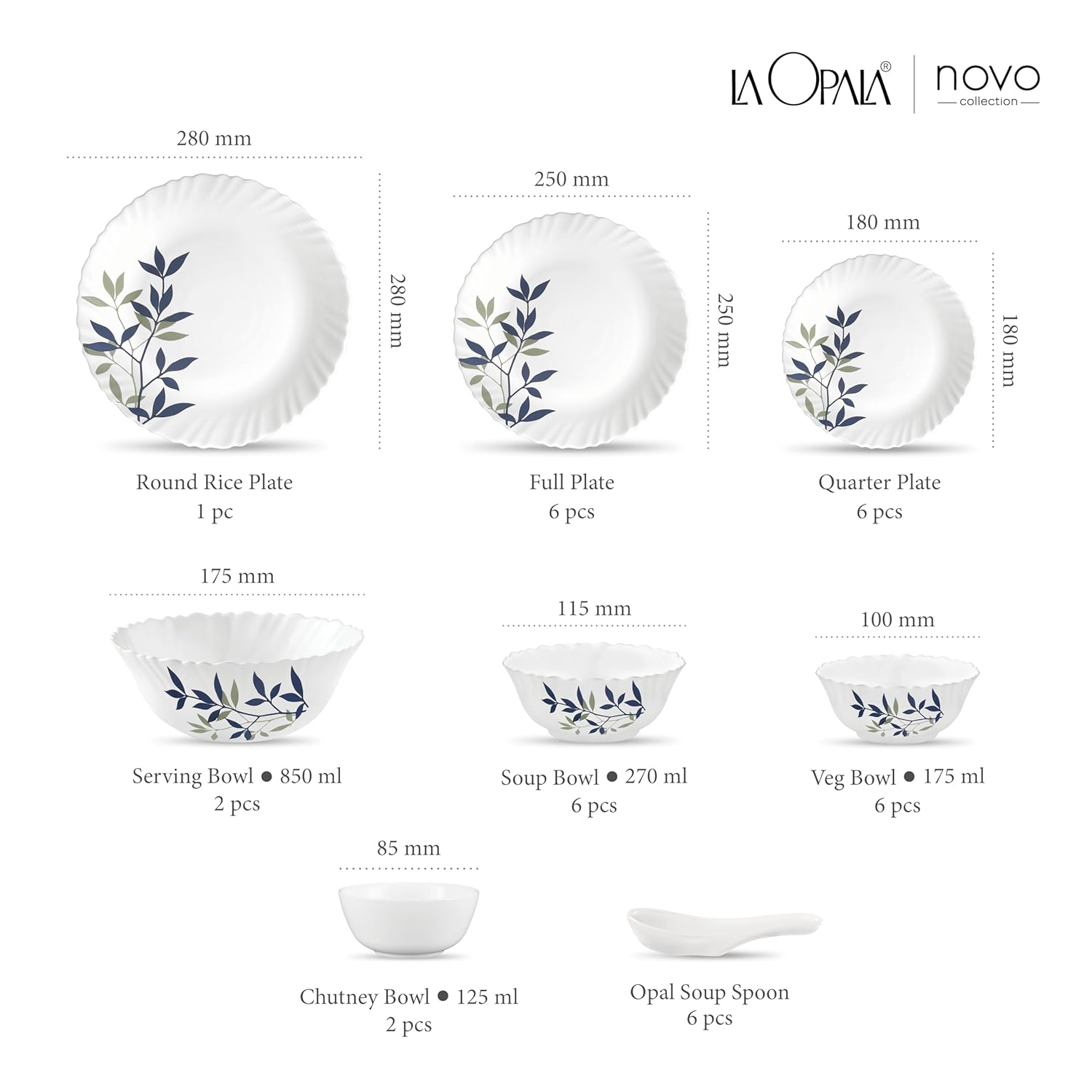 La Opala Novo Collection Opal Glass Crockery | for Family of 6 | Dinner Set 35 pcs Silken Charm | Plates & Bowls for Dining | Microwave Safe | 100% Vegetarian | Extra Strong | Light & White