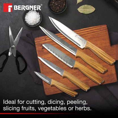 BERGNER Olive Garden Stainless Steel 7 Pcs Knife Set, Kitchen Knife Set of Chef Knife, Santoku Knife, Carving Knife, Utility Knife, Paring Knife, Scissor with Wooden Block, Durable, Soft Touch Handle