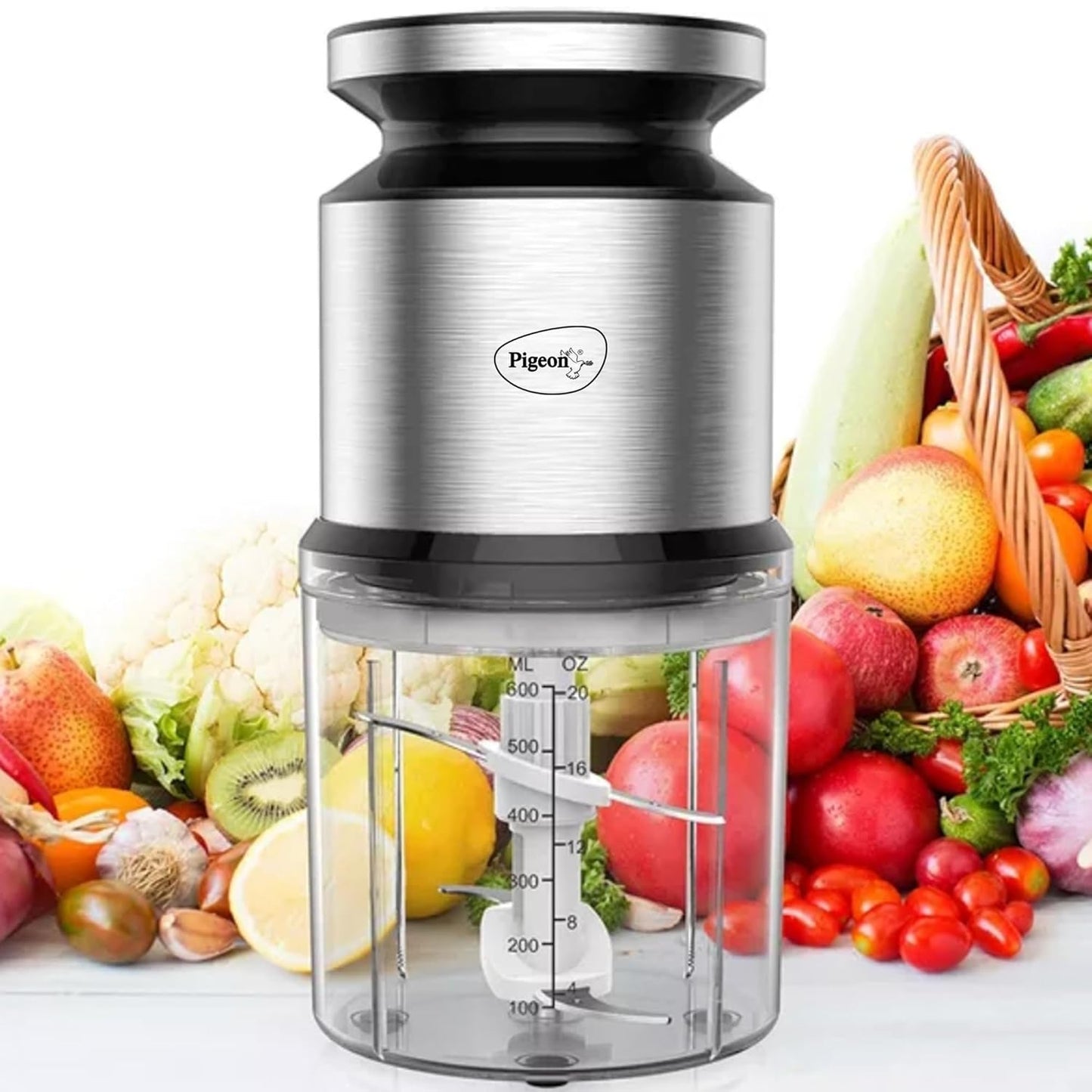 Pigeon Ultra Fast Electric 300 Watts Electric Chopper For Kitchen, Twin Blade Technology, 600 Ml 'Chop-N-Store' Plastic Bowl With Lid, Vegetable Chopper, Cutter, Chop, Mince, Dice, Whisk, Blend, Red