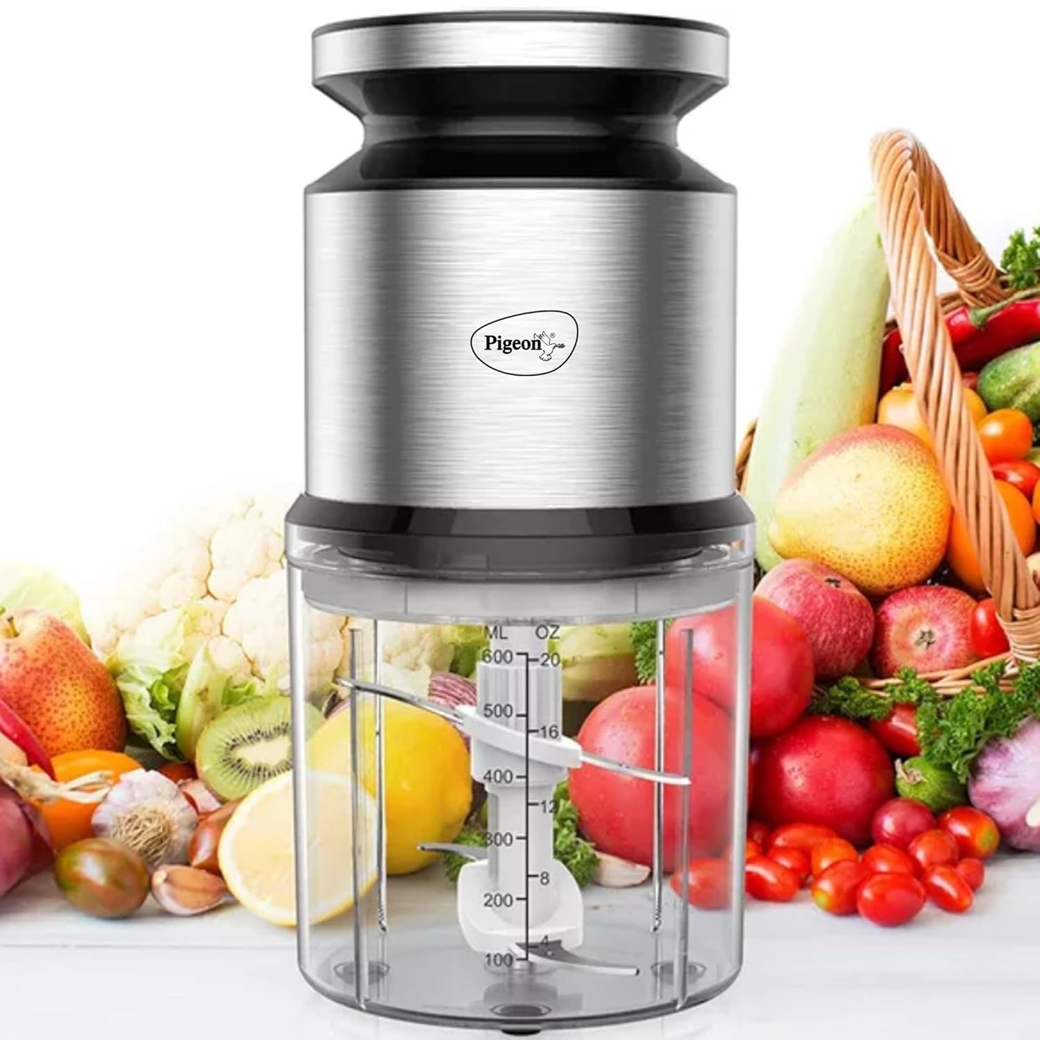 Pigeon Ultra Fast Electric 300 Watts Electric Chopper For Kitchen, Twin Blade Technology, 600 Ml 'Chop-N-Store' Plastic Bowl With Lid, Vegetable Chopper, Cutter, Chop, Mince, Dice, Whisk, Blend, Red