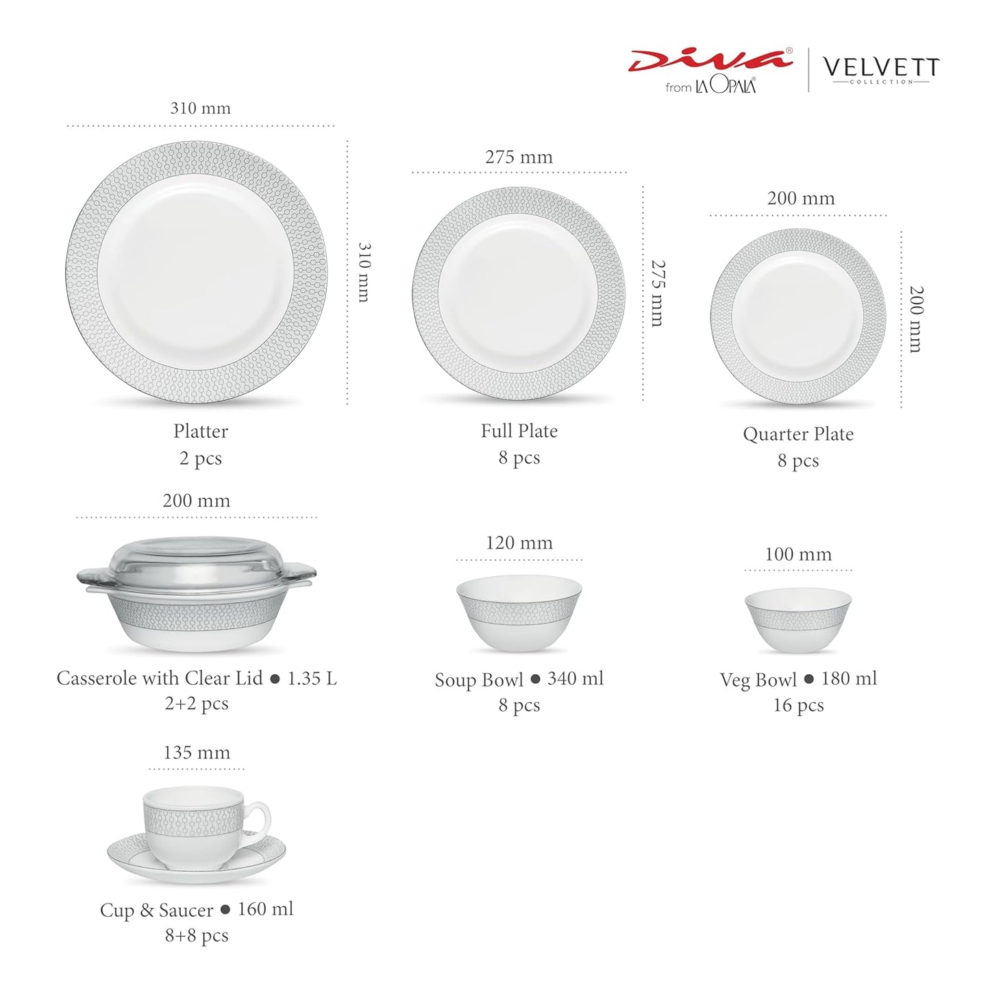 La Opala Diva Velvett Collection Opal Glass Crockery | for Family of 8 | Dinner Set 62 pcs Stella Grey | Plates & Bowls for Dining | Microwave Safe | 100% Vegetarian | Extra Strong | Light & White
