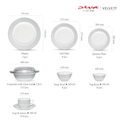 La Opala Diva Velvett Collection Opal Glass Crockery | for Family of 8 | Dinner Set 62 pcs Stella Grey | Plates & Bowls for Dining | Microwave Safe | 100% Vegetarian | Extra Strong | Light & White