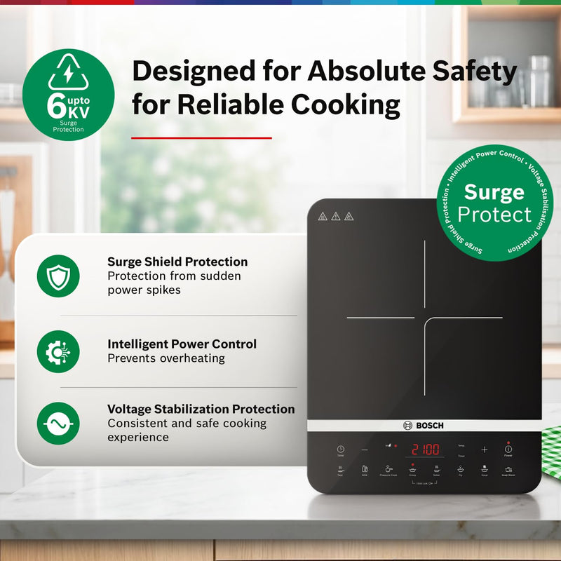 Bosch TrueSafe 2100W Ultra-Sleek Induction Cooktop with Touch Panel, Black
