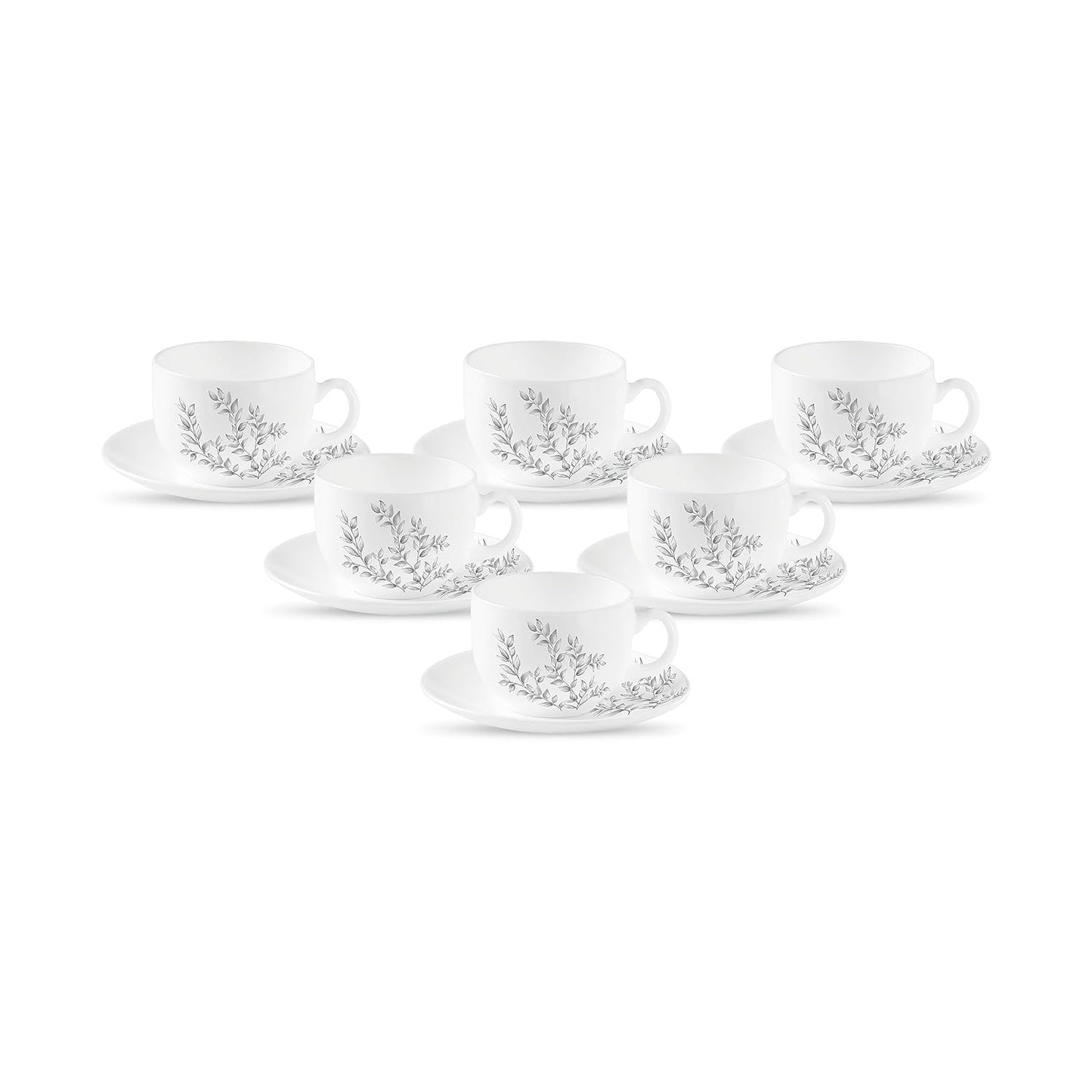 La Opala Diva, Pearl Collection Opal Glass Crockery | Cup & Saucer, Set of 12 | Dusky Vines, 160 ml | for Tea & Coffee | Microwave Safe | 100% Vegetarian | Extra Strong | Super Light | Super White