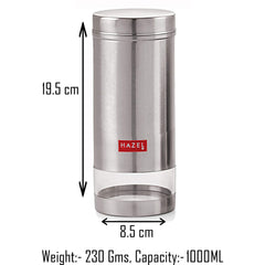 HAZEL Stainless Steel Kitchen Containers| 1 Ltr Each Transparent Kitchen Container Set with Matt Finish | Multipurpose Storage Box for kitchen containers, Set of 6