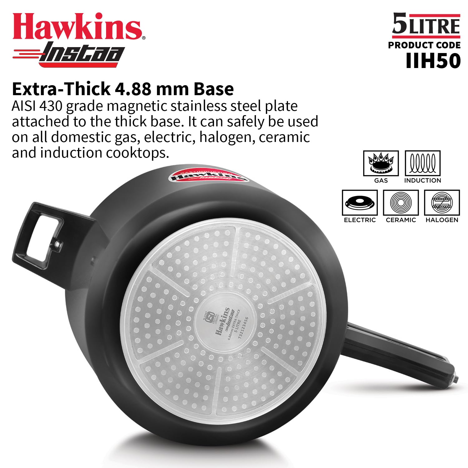 Hawkins 5 Litre Instaa Pressure Cooker, Induction Inner Lid Cooker, Tall Body Hard Anodised Cooker, Black (IIH50)