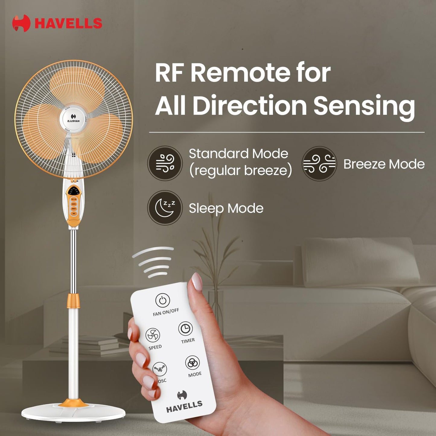 Havells 400mm BLDC Pedestal Fan | Remote Control | Upto 50% Less Power Usage | Sleep & Breeze Mode with Timer | Memory Backup | Jerk Free Oscillation, Smooth Swing Operation | White & Yellow | Sprint