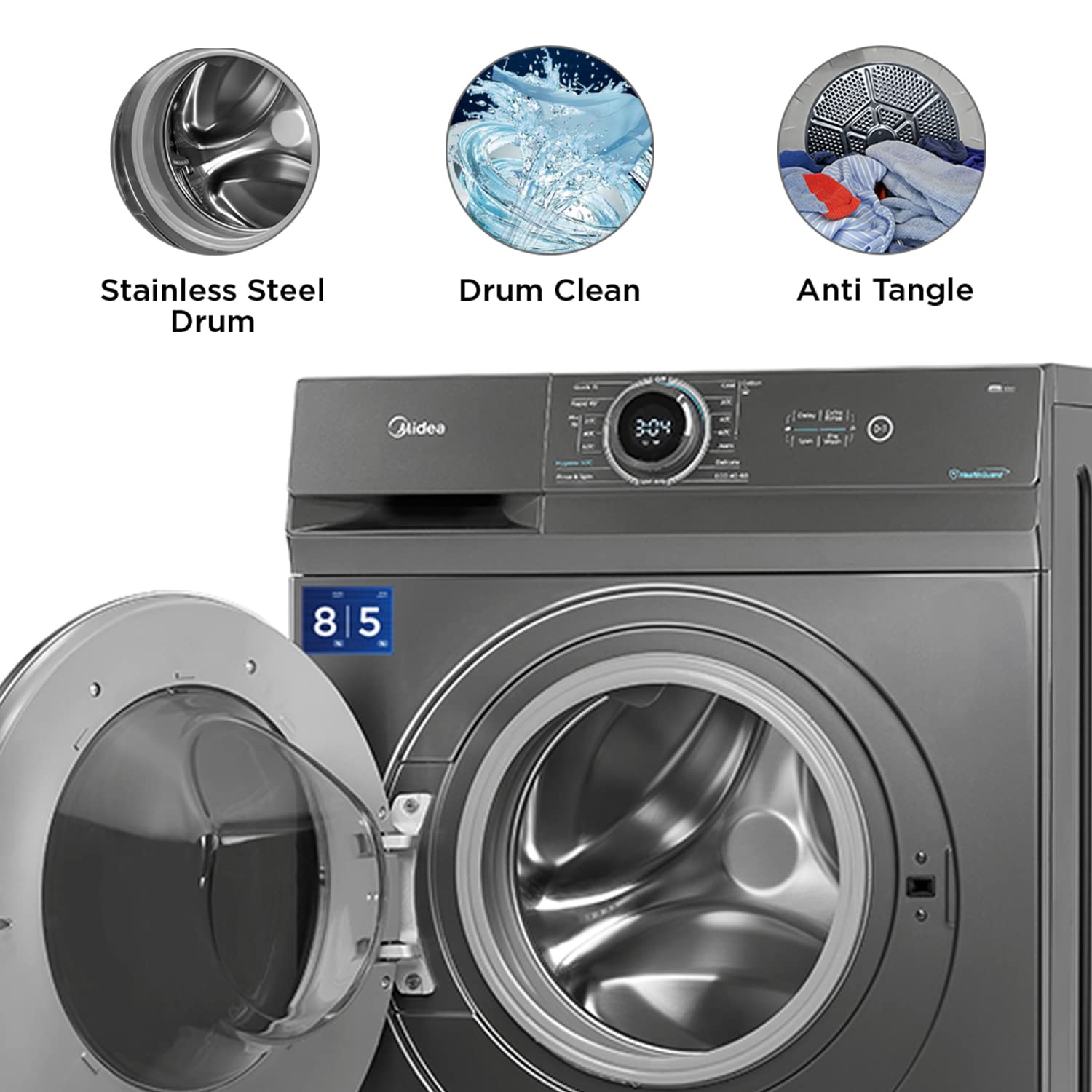 Midea 8Kg/5Kg Inverter Fully Automatic Washer Dryer (Mf100D80B/T-In, Titanium Silver, Inbuilt Heater) - Front Load