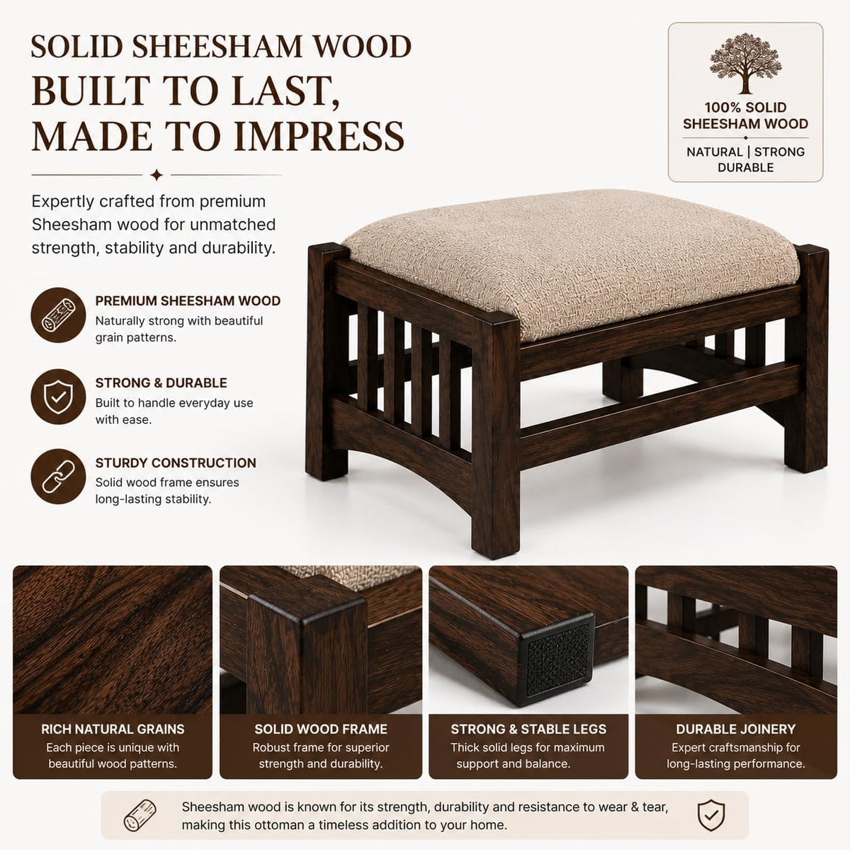 Wooden Ottoman Foot Stool with Upholstered Cushion Seat, Solid Wood Foot Rest Stool for Living Room, Bedroom, L