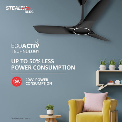 Havells Stealth Air BLDC 1200mm Ceiling Fan| Upto 55% Energy Saving| Silent & Premium| 5 stars Rating| 100% Copper Motor| RF Remote, Memory Backup, Timer| (Metallic Black, Pack Of 1)
