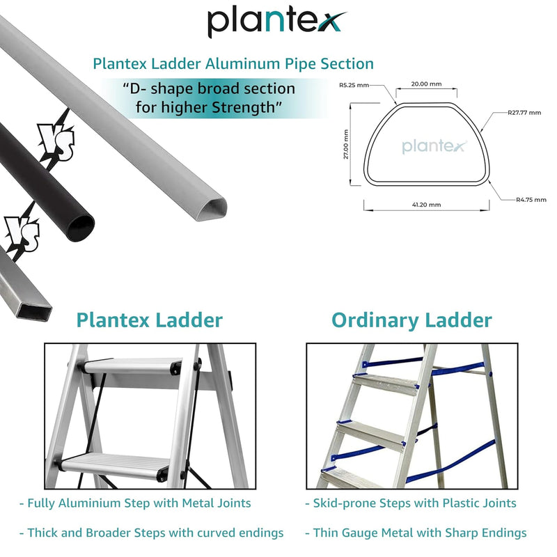 Plantex Surestep 3 Step Aluminum Ladder for Home Use/Wide Anti-Slip Steps/Foldable Ladder with Anti Skid PVC Shoes, 3 Steps Kitchen Stool (Anodize-Silver)