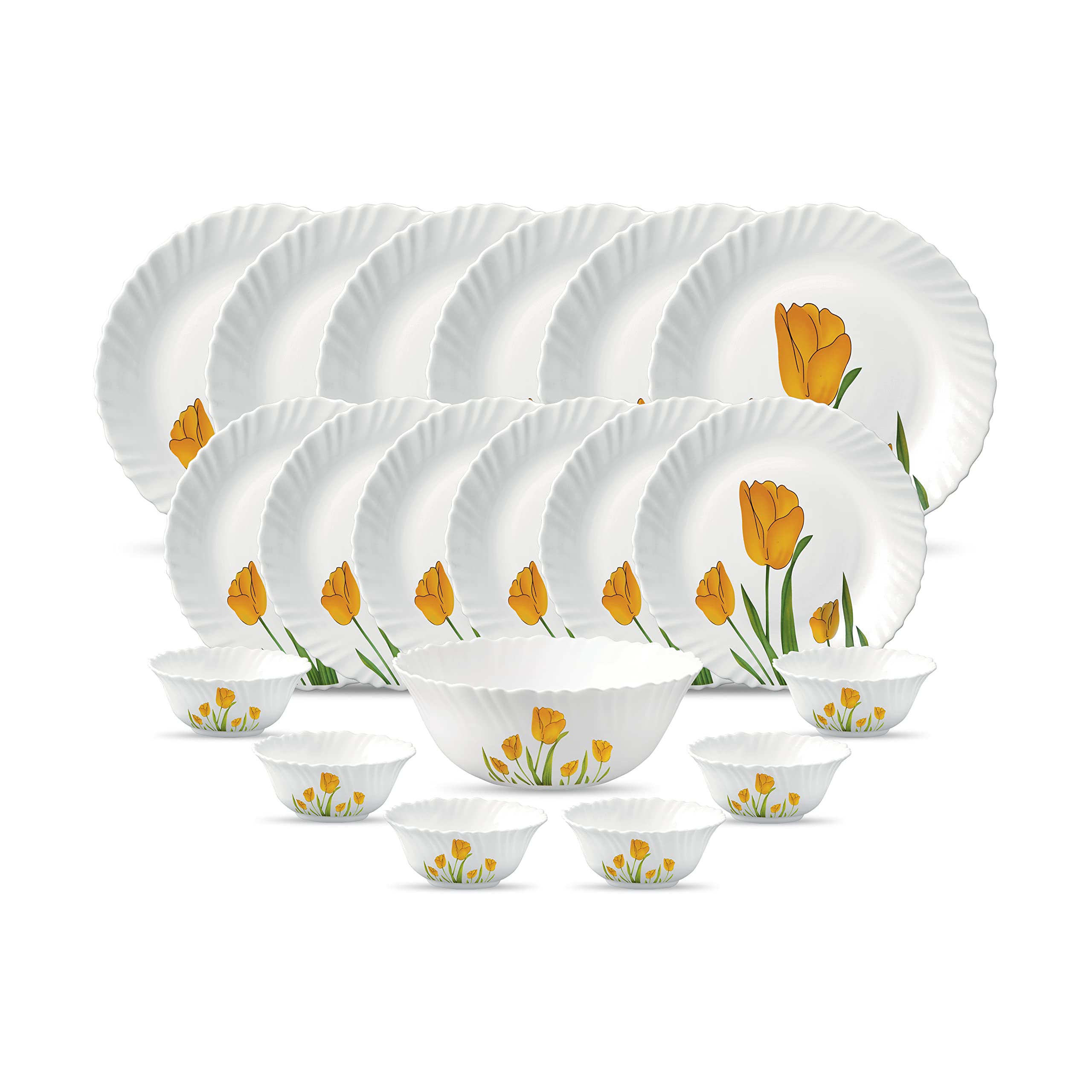 La Opala Diva Classique Collection Opal Glass Crockery | for Family of 6 | Dinner Set 19 pcs Mystrio Black | Plates & Bowls for Dining | Microwave Safe | 100% Vegetarian | Extra Strong | White