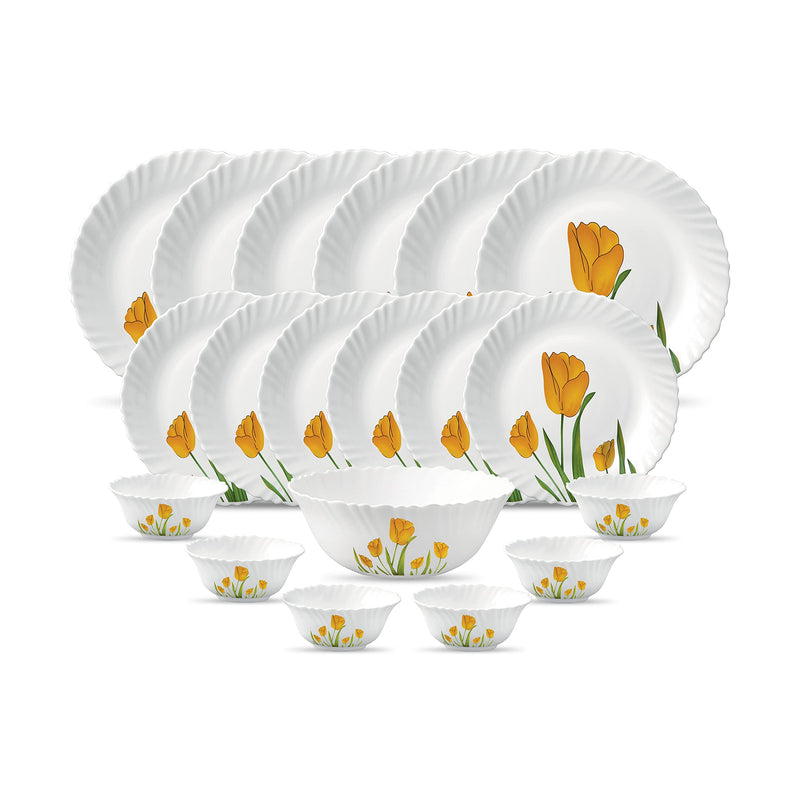 La Opala Diva Classique Collection Opal Glass Crockery | for Family of 6 | Dinner Set 19 pcs Royal Iris | Plates & Bowls for Dining | Microwave Safe | 100% Vegetarian | Extra Strong | White