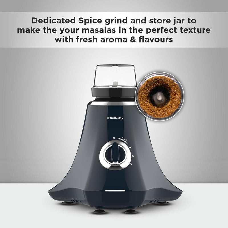 Butterfly Nexo 750W Mixer Grinder Food Processor with 6 Jars | Kneading, Chopping, Slicing, Grinding, Mincing, Grating, Juicing & Spice grinding | Evion-GT Motor with FPSS Technology | Ink Blue