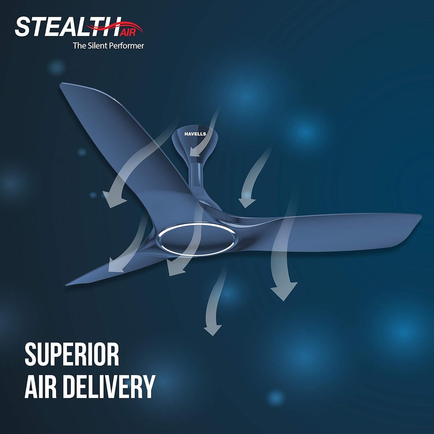 Havells 1250mm Stealth Air Ceiling Fan | Aerodynamic blades for silent operation, Superior Air Delivery | Dust Resistant , the most slient fan with Premium look and finish | (Pack of 1, Indigo Blue)