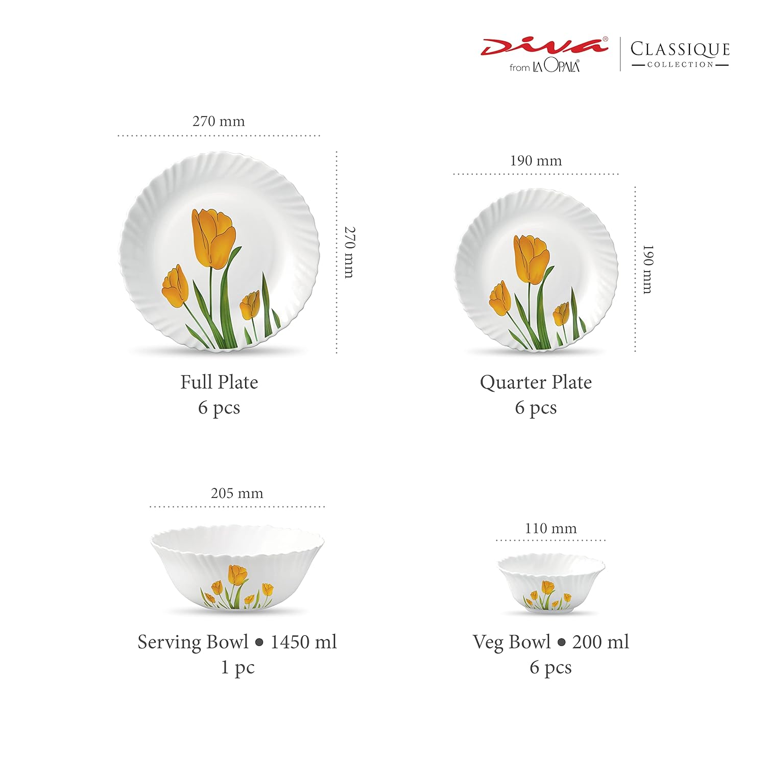 La Opala Diva Classique Collection Opal Glass Crockery | for Family of 6 | Dinner Set 19 pcs Tulip Passion | Plates & Bowls for Dining | Microwave Safe | 100% Vegetarian | Extra Strong | White