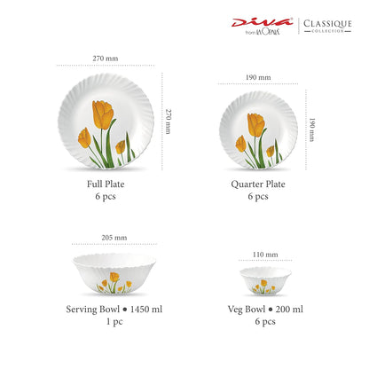 La Opala Diva Classique Collection Opal Glass Crockery | for Family of 6 | Dinner Set 19 pcs Tulip Passion | Plates & Bowls for Dining | Microwave Safe | 100% Vegetarian | Extra Strong | White