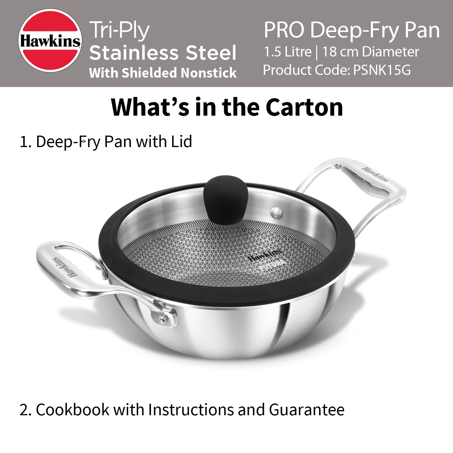 Hawkins Pro 1.5 Litre Shielded Nonstick Triply Deep-Fry Pan, Kadhai with Stainless Steel Handles and Glass Lid, Silver (PSNK15G), 18 cm