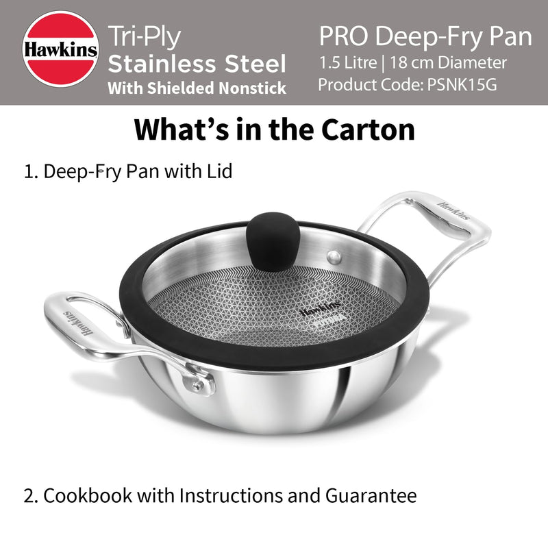 Hawkins Pro 1.5 Litre Shielded Nonstick Triply Deep-Fry Pan, Kadhai with Stainless Steel Handles and Glass Lid, Silver (PSNK15G), 18 cm