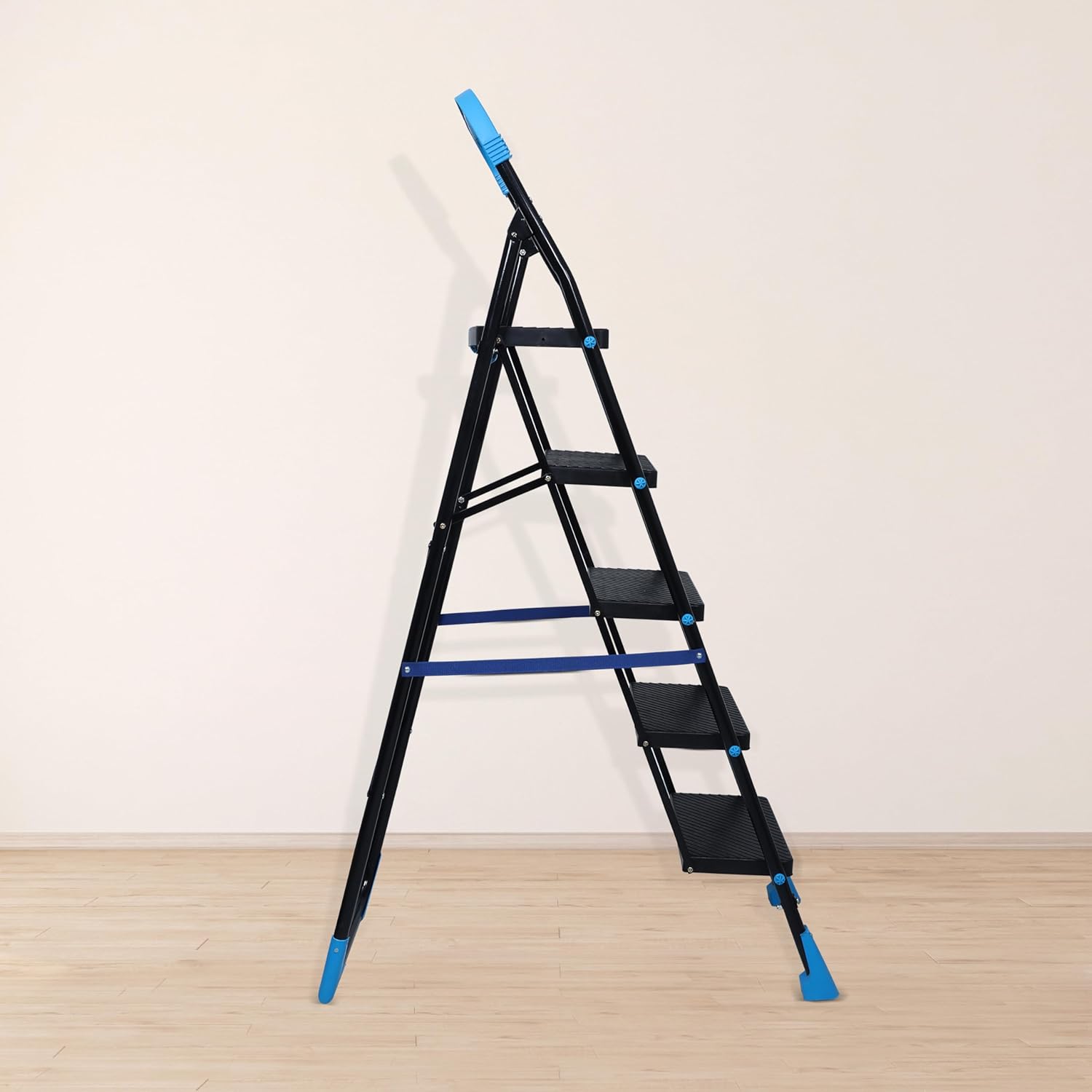 Plantex Heavy-Duty Mild Steel Stylo Folding Ladder with Wide Steps/5 Steps Ladder for Home with Advanced Locking System - 5 Wide Step Ladder(Black & Blue)
