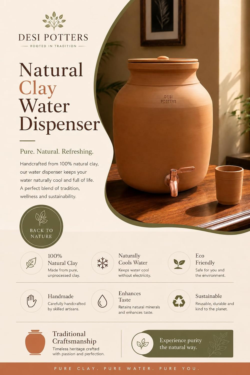 Desi Potters Handmade Clay Water Dispenser with Metal Tap | Naturally Cools Water Without Electricity | 100% Natural Handmade Terracotta Clay | Eco-Friendly & Plastic-Free .