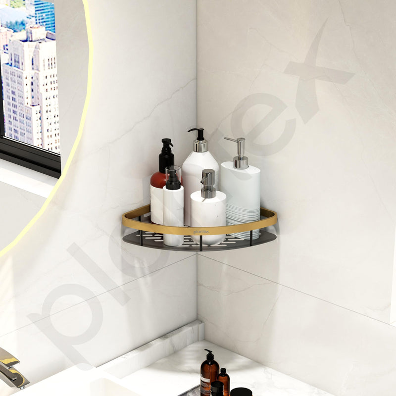 Plantex Corner Shelf for Bathroom Wall Mount/Aluminium Kitchen Corner Stand for Wall with Golden Railing & Magic Stickers/Bathroom Accessories Self Adhesive (9x9 inches, Gold & Black) - Pack of 2-2