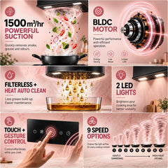 Faber Coral 90cm 1500m³/hr BLDC Autoclean T-Shape Chimney | Built In Oil Collector | Touch & Gesture Control | 12Yr Moto