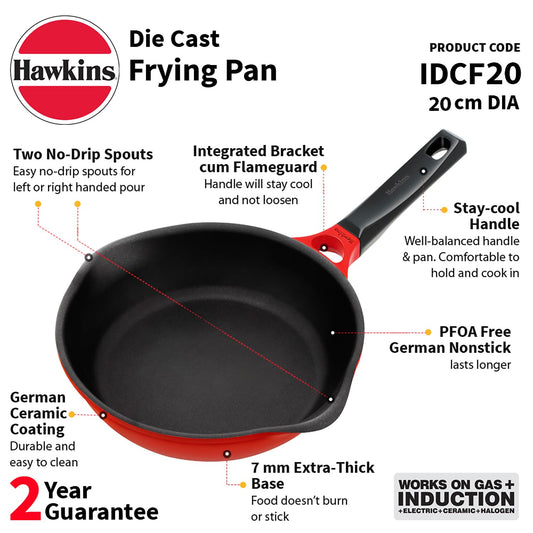 Hawkins 20 cm Frying Pan, Die Cast Non Stick Fry Pan, Ceramic Coated Pan, Induction Fry Pan, Small Frying Pan, Red (IDCF20)
