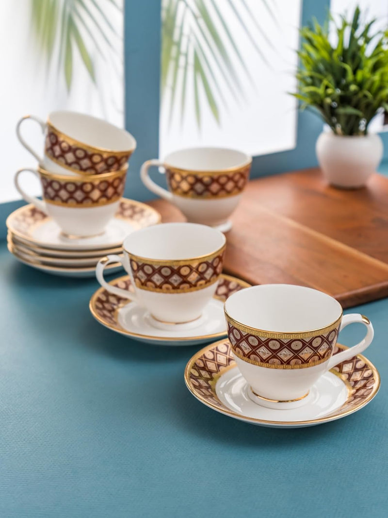 Clay Craft Fine Ceramic Cup & Saucer Set of 12-6 Cups & 6 Saucers - 180 ml Each (King Velvet RV904)