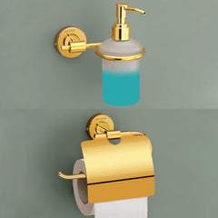 Plantex 304 Grade Stainless Steel Washroom Set of 2 - Toilet Paper Holder/Stand/Liquid Soap Dispenser - Daizy (Golden)-1