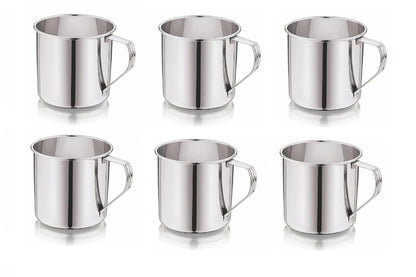 Dynore Stainless Steel Set of 6 Pcs Multipurpose Usage Mug/Tea/Coffee Serving Mug- 300 ml Silver