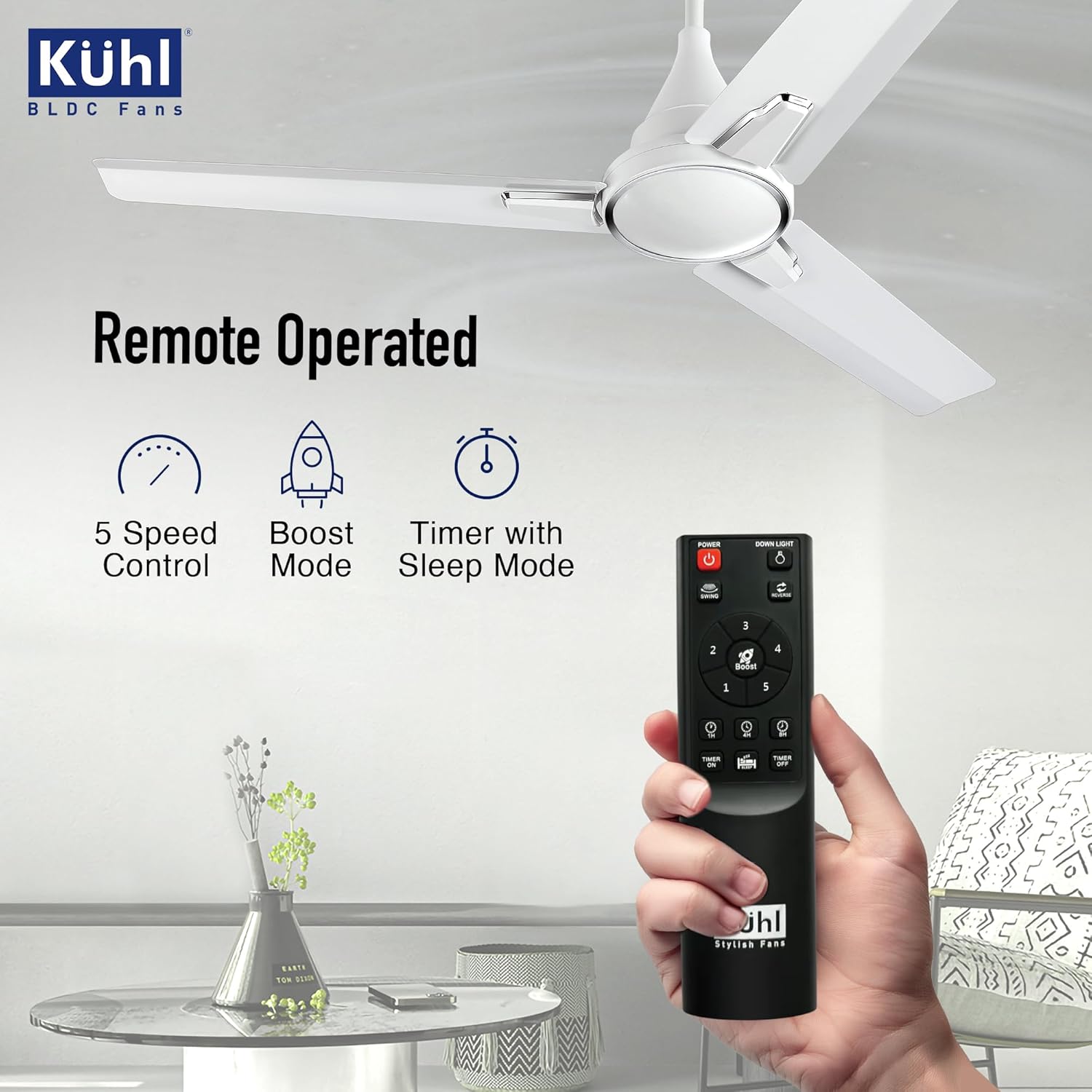 KUHL Prima A1 1200mm Decorative Power Saving BLDC Ceiling Fan with Remote | 29W | Saves upto 65% Electricity | 5 Star | High Air Flow | Stylish Design | White