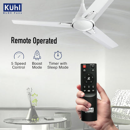 KUHL Prima A1 1200mm Decorative Power Saving BLDC Ceiling Fan with Remote | 29W | Saves upto 65% Electricity | 5 Star | High Air Flow | Stylish Design | White