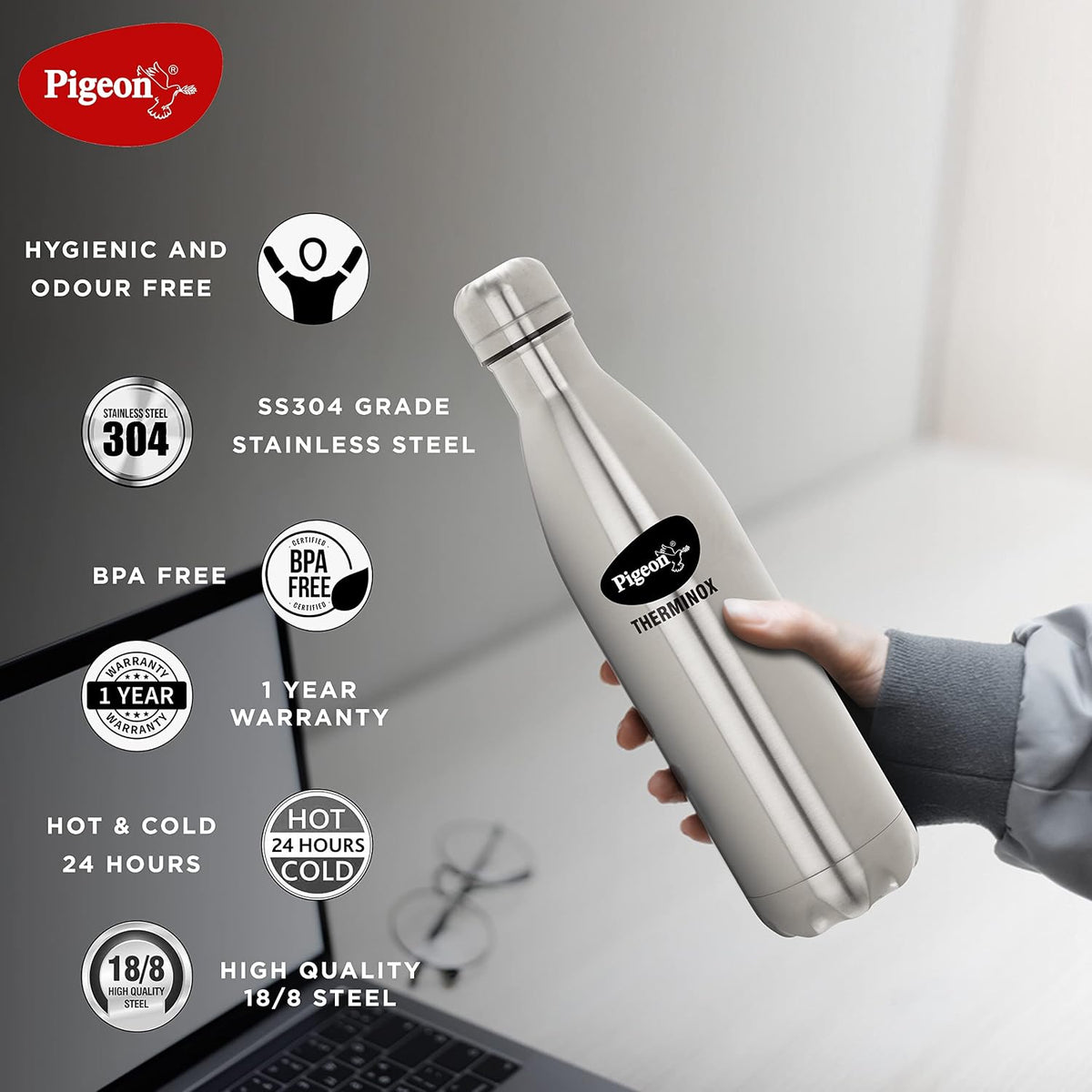 Pigeon by Stovekraft Aqua Therminox Stainless Steel Vaccum Insulated Water Bottle with Copper Coating Inside for Better 