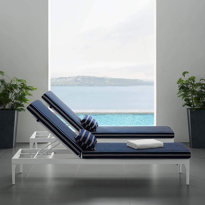 Mick Outdoor Swimming Poolside Lounger (White + Navy Blue ) Set of 2