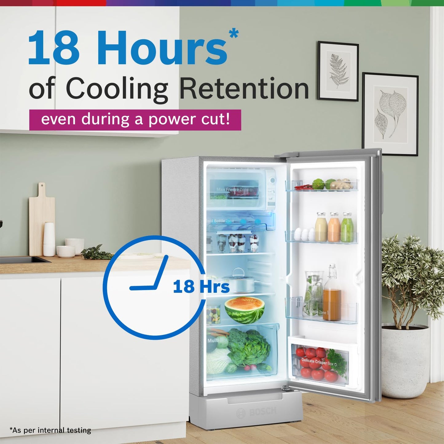 Bosch SmartChoice 207 L, 3 Star, Single Door Refrigerator with Industry's largest base drawer & veg box*(CST20S23PI,Fine Steel) |18 Hr Cooling Retention, 2.5x Faster Cooling, smart inverter compressor